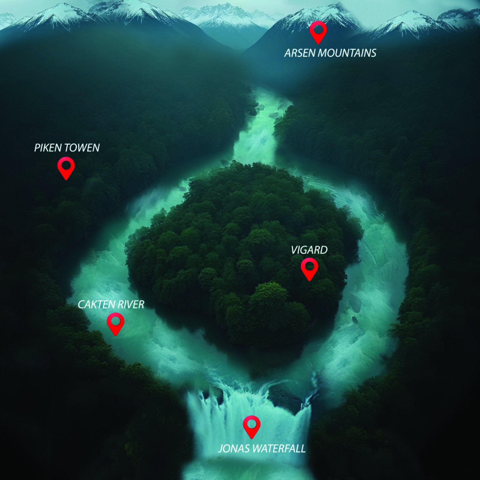 Map of Vigard forest with Arsen Mountains, Piken Towen, and the Cakten River